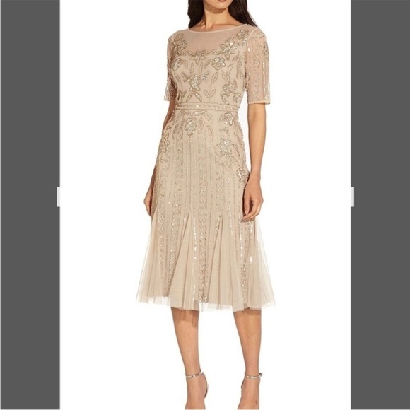 Adrianna Papell Illusion Beaded Mesh Boat Neck Short Sleeve Dress in Biscotti - Picture 4 of 9
